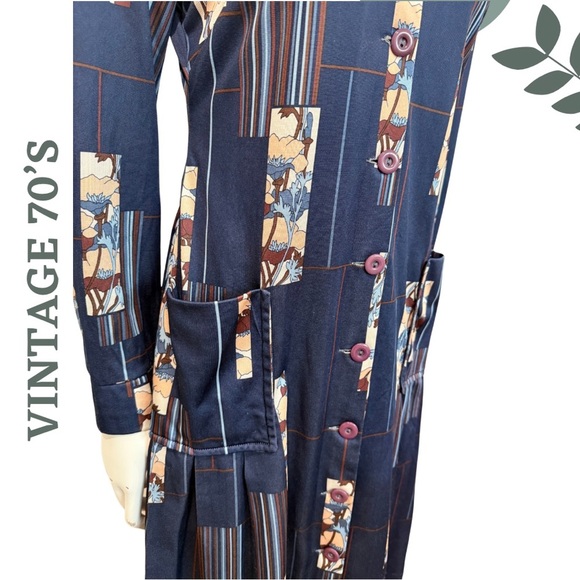 Vintage 70s Leo-Danal for Normie Hum Navy Blue Abstract Floral Shirt Dress Midi - Picture 6 of 10